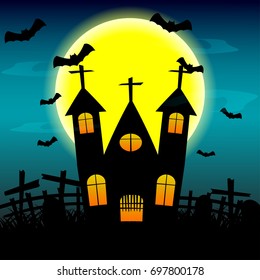 Halloween night background with haunted house and full moon.vector illustration.