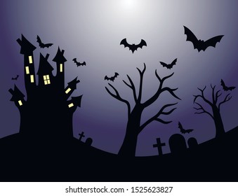 Halloween night background with haunted house,tree, bat and graves. Flyer or invitation template for Halloween party. Vector illustration.