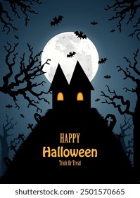 Halloween night background - headstones, bats, spooky castle, dead trees, full moon