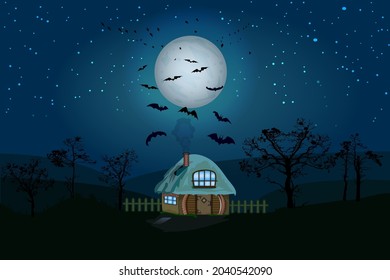 Halloween night background with house, full moon, starry sky, tree silhouette and bats. Horror witch house under moonlight.Halloween day theme with spooky nighttime landscape.Stock vector illustration