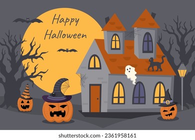 Halloween night background with house, pumpkins and moon. Halloween concept.