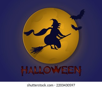 Halloween night background image with witch and bats on full moon background. Vector elements for a banner, greeting card, poster in honor of Halloween.