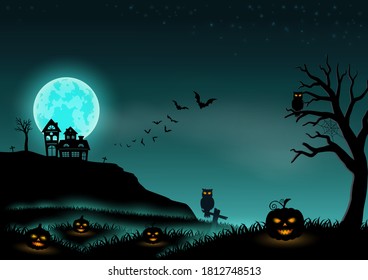 Halloween night background landscape with stars,moon,pumpkins and castle,vector illustration