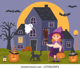 Halloween night background with little witch, house, ghost, pumpkins and moon. Halloween concept.	