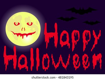 Halloween night background with moon and blooded inscription Happy Halloween. Vector illustration.