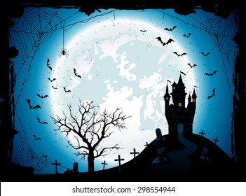 Halloween night background with the Moon, castle, cemetery, bats and spiders, illustration.