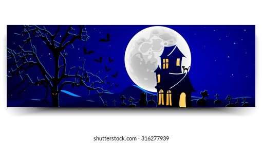 Halloween night background with the Moon, castle, cemetery, bats and spiders, illustration.
