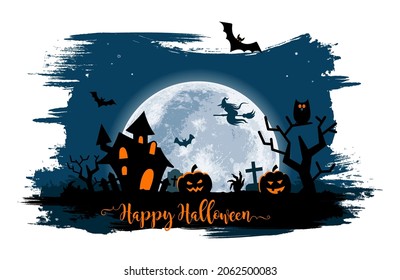 Halloween night background with a moon, haunted house, cemetery, pumpkins and a flying witch