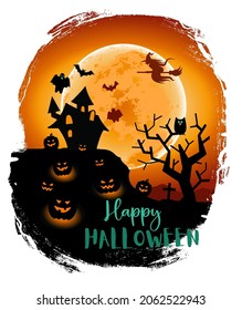 Halloween night background with a moon, haunted house, cemetery, pumpkins and a flying witch