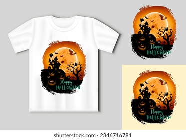 Halloween night background with a moon, haunted house, cemetery, pumpkins and a flying witch. Halloween concept with t-shirt mockup