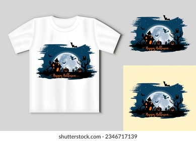 Halloween night background with a moon, haunted house, cemetery, pumpkins and a flying witch High detailed illustration. Halloween concept with t-shirt mockup