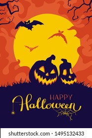 Halloween night background with Moon and Jack O' Lanterns. Vector poster illustration.