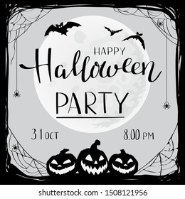 Halloween night background with Moon and Jack O' Lanterns. Vector poster illustration with smiling pumpkins on dark background. Halloween party invitation.