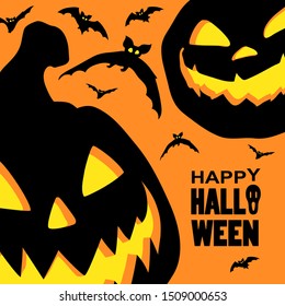 Halloween night background with Moon and Jack O' Lanterns. Vector poster illustration with smiling pumpkins on orange background.