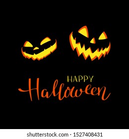 Halloween night background with Moon and Jack O' Lanterns. Vector poster illustration with smiling pumpkins on black background.