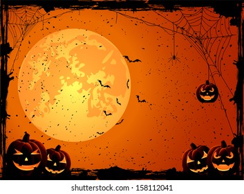 Halloween night background with Moon and Jack O' Lanterns, illustration.