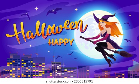 Antecedentes nocturnos de Halloween con la luna y la bruja sexy pelirroja sobre un palo de escoba sobre la ciudad. Ilustración de póster vectorial.