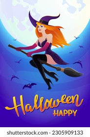 Antecedentes nocturnos de Halloween con la luna y la bruja sexy pelirroja sobre un palo de escoba. Ilustración de póster vectorial.