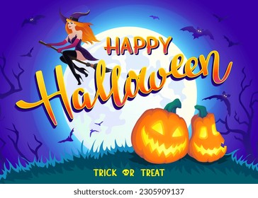 Halloween night background with Moon and redhead sexy witch on a broomstick, bats and Jack O' Lanterns. Vector poster illustration with smiling pumpkins on night background.