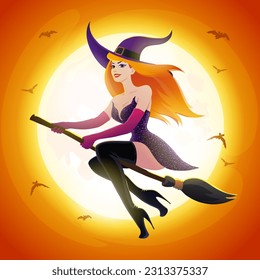 Antecedentes nocturnos de Halloween con la luna y la bruja sexy pelirroja sobre un palo de escoba. Ilustración de póster vectorial.