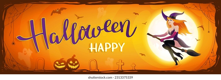 Halloween Nachthintergrund mit Mond und rotem Kopf sexy Hexe auf einem Besen, Fledermäuse und Jack O'Lanterns. Vektorgrafik mit lächelnden Kürbissen auf nächtlichem Hintergrund.