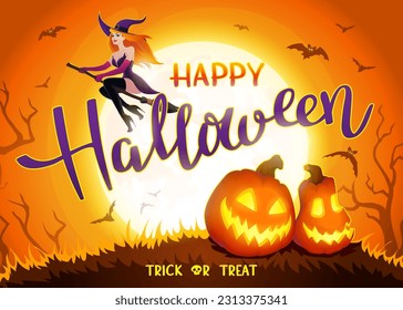Antecedentes nocturnos de Halloween con la Luna y la bruja pelirroja sexy en un palo de escoba, murciélagos y Jack O'Lanterns. Ilustración de afiche vectorial con calabazas sonrientes en el fondo nocturno.
