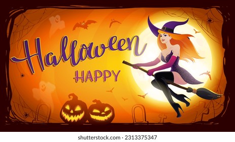 Halloween night background with Moon and redhead sexy witch on a broomstick, bats and Jack O'Lanterns. Vector poster illustration with smiling pumpkins on night background.