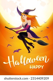Antecedentes nocturnos de Halloween con la luna y la bruja sexy pelirroja sobre un palo de escoba. Ilustración de póster vectorial.