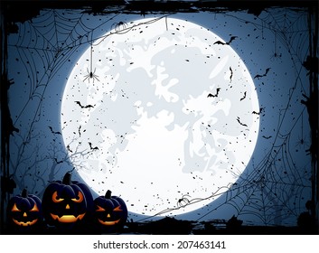 Halloween night background with Moon, spiders and Jack O' Lanterns, illustration.