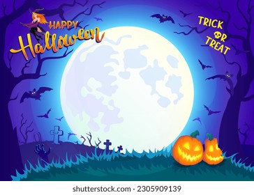 Halloween night background with Moon and witch on a broomstick, bats and Jack O' Lanterns. Vector horizontal poster with space for your text