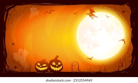 Halloween night background with Moon and witch on a broomstick, bats and Jack O'Lanterns. Vector poster illustration with smiling pumpkins on night background.