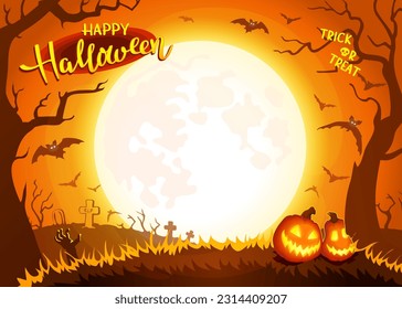 Halloween night background with Moon and witch on a broomstick, bats and Jack O' Lanterns. Vector poster illustration with smiling pumpkins on night background.