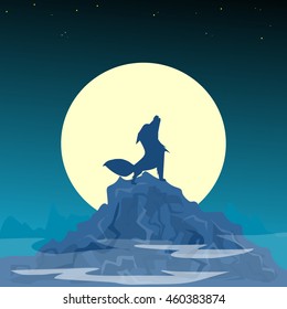 Halloween night background with mountains, wolf and yellow moon, flat illustration. Vector