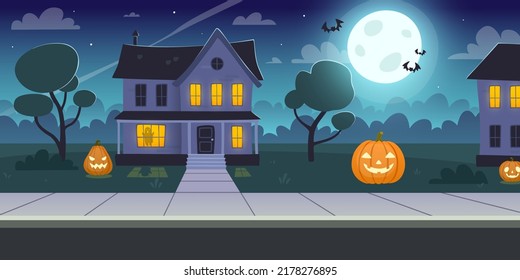 Halloween night background with old house. Midnight street with halloween decorations and moon.