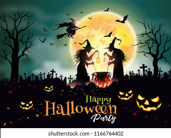 Halloween night background, Old Three witchs with magical potion and full moon. Flyer or invitation template for Halloween party. Vector illustration.