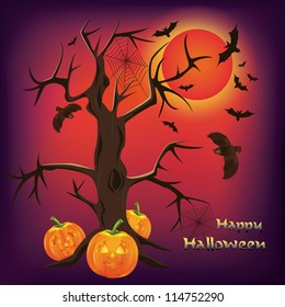 Halloween night background with old tree, pumpkins, bats and owls. Vector illustration.