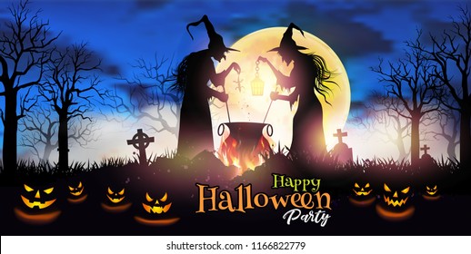 Halloween night background ,Old witchs with magical potion and full moon. Flyer or invitation template for Halloween party. Vector illustration.