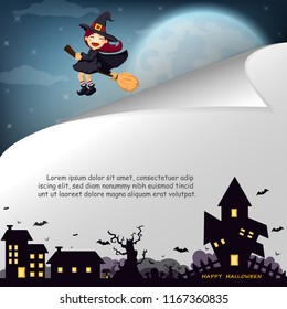 Halloween night background on paper fold with cute Witch and Black silhouette house on the full moon. Blank space for text and content. Vector for banner, greeting card, celebration, poster, paper art