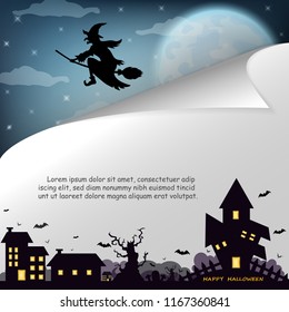 Halloween night background on paper fold with cute Witch and Black silhouette house on the full moon. Blank space for text and content. Vector for banner, greeting card, celebration, poster, paper art