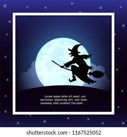Halloween night background on paper fold with cute Witch and Black silhouette on the full moon. Blank space for text and content. Vector for banner, greeting card, celebration, poster, paper art