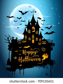 Halloween night background picture with creepy castle and pumpkins. Vector elements for banner, greeting card halloween celebration, halloween party poster.