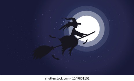 Halloween night background picture with flying witch and bats., Vector elements for banner, greeting card halloween celebration, halloween party poster.