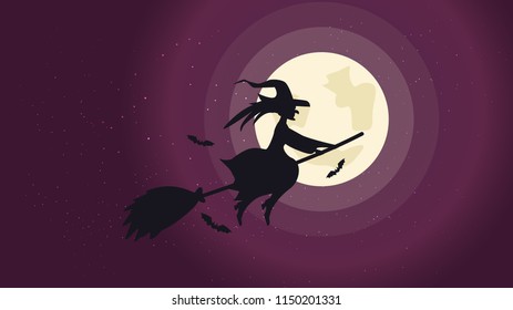 Halloween night background picture with flying witch and bats., Vector elements for banner, greeting card halloween celebration, halloween party poster.