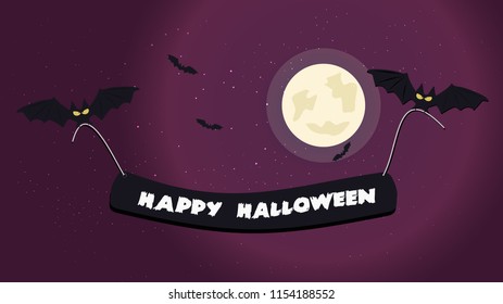 Halloween night background picture with flying bats holding a happy halloween text, Vector elements for banner, greeting card halloween celebration, halloween party poster.