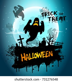 Halloween night background picture with ghost, graves and hand lettering "Trick or Treat". Vector elements for banner, greeting card halloween celebration, halloween party poster.