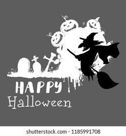 Halloween night background picture with witch, pumpkins. Vector elements for banner, greeting card halloween celebration.

