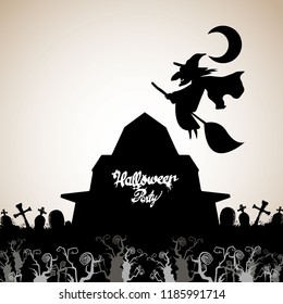 Halloween night background picture with witch, pumpkins. Vector elements for banner, greeting card halloween celebration.
