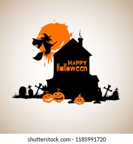 Halloween night background picture with witch, pumpkins. Vector elements for banner, greeting card halloween celebration.
