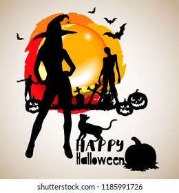 Halloween night background picture with witch, pumpkins. Vector elements for banner, greeting card halloween celebration.
