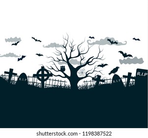 Halloween night background poster in black, white, grey colors with dark cemetery crosses, dead tree and bats at lunar sky vector illustration